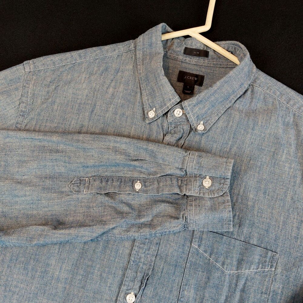 J Crew Chambray Slim Button Up Shirt Men L Blue Long Sleeve Chest Pocket